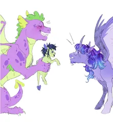 Size: 1796x2020 | Tagged: safe, artist:cactiflowers, derpibooru import, spike, twilight sparkle, twilight sparkle (alicorn), oc, oc:strike, alicorn, dracony, dragon, hybrid, pony, alternate design, blushing, image, magical gay spawn, offspring, older, parent:rumble, parent:spike, parents:rumblespike, png, simple background, trio, white background