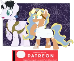 Size: 4032x3335 | Tagged: safe, artist:pure-blue-heart, derpibooru import, oc, oc:dusk bolt, oc:moonlit sun, alicorn, pony, unicorn, clothes, costume, female, frankenstein, frankenstein's monster, goggles, goggles on head, horn, image, lab coat, male, mare, nightmare night costume, patreon, patreon logo, patreon reward, png, simple background, spider web, stallion, watermark, wig