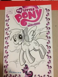 Size: 768x1024 | Tagged: safe, artist:thom zahler, derpibooru import, idw, derpy hooves, twilight sparkle, pegasus, pony, unicorn, 2013, comic cover, cover, cover art, female, g4, horn, image, jpeg, mare, micro-series #1, my little pony logo, my little pony micro-series, official comic, open mouth, open smile, signature, smiling, spread wings, tail, wings