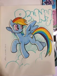 Size: 768x1024 | Tagged: safe, artist:thom zahler, derpibooru import, rainbow dash, twilight sparkle, pegasus, pony, 2013, fan expo, female, flying, g4, image, jpeg, mare, signature, smiling, solo focus, spread wings, tail, traditional art, wings