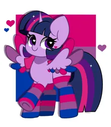 Size: 1398x1594 | Tagged: safe, artist:kittyrosie, derpibooru import, twilight sparkle, twilight sparkle (alicorn), alicorn, pony, bisexual pride flag, clothes, cute, face paint, female, heart, image, jpeg, mare, pride, pride flag, pride month, pride socks, raised hoof, socks, solo, striped socks, twiabetes