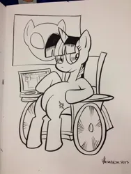 Size: 768x1024 | Tagged: safe, artist:thom zahler, derpibooru import, twilight sparkle, pony, unicorn, 2013, black and white, dc comics, female, g4, grayscale, image, jpeg, mare, monochrome, oracle (dc comics), signature, smiling, solo, traditional art, unicorn twilight, wheelchair