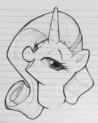 Size: 2160x2707 | Tagged: safe, artist:anonymous, derpibooru import, rarity, pony, unicorn, ear fluff, female, g4, horn, image, jpeg, lidded eyes, lined paper, mare, monochrome, open mouth, solo, traditional art
