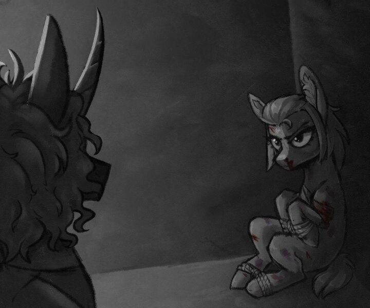 Size: 1200x1000 | Tagged: semi-grimdark, artist:mr.catfish, derpibooru import, oc, oc:eleanor laimova, unofficial characters only, earth pony, pony, unicorn, equestria at war mod, blood, bound, bruised, curly mane, eaw redux, frown, horn, image, jpeg, monochrome, ropes