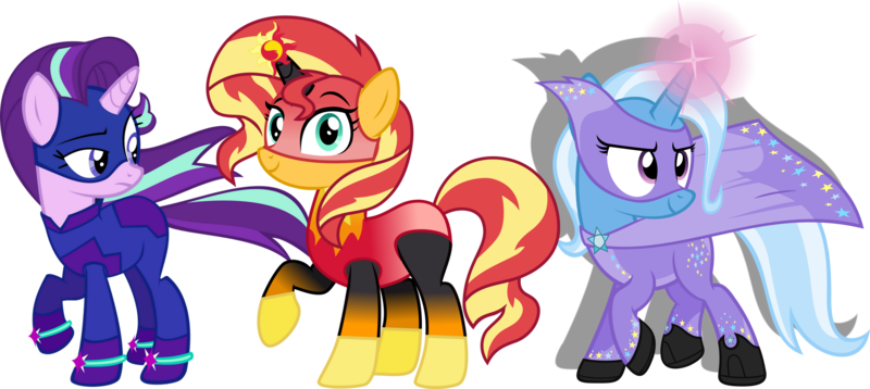 Size: 3135x1402 | Tagged: safe, artist:cloudy glow, artist:dupontsimon, artist:ephemeralpegasus, artist:zacatron94, derpibooru import, starlight glimmer, sunset shimmer, trixie, unicorn, fanfic:choose your own magic ending, equestria girls, fanfic art, g4, horn, image, png, simple background, superhero, transparent background, trio, vector