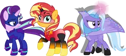 Size: 3135x1402 | Tagged: safe, artist:cloudy glow, artist:dupontsimon, artist:ephemeralpegasus, artist:zacatron94, derpibooru import, starlight glimmer, sunset shimmer, trixie, unicorn, fanfic:choose your own magic ending, equestria girls, fanfic art, g4, horn, image, png, simple background, superhero, transparent background, trio, vector