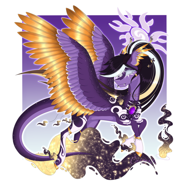 Size: 4320x4320 | Tagged: safe, artist:chazmazda, derpibooru import, oc, original species, pony, species:lost soul ponies, accessory, cel shading, fangs, frown, full body, gold, golden wings, hair, halo, horns, image, long hair, markings, png, present, shade, shading, smiling, solo, soul, sparkles, spirit, spirit orbs, stars, wings, wisps