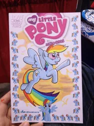 Size: 768x1024 | Tagged: safe, artist:thom zahler, derpibooru import, idw, rainbow dash, pegasus, pony, 2013, cincinnati comic expo, cincinnati comic expo 2013, comic cover, commission, cover, cover art, female, flying, g4, image, jpeg, mare, micro-series #2, my little pony logo, my little pony micro-series, open mouth, open smile, photo, smiling, spread wings, tail, underhoof, variant cover, wings