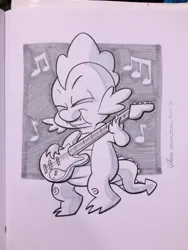 Size: 768x1024 | Tagged: safe, artist:thom zahler, derpibooru import, spike, dragon, 2013, bass guitar, cincinnati comic expo, cincinnati comic expo 2013, eyes closed, fangs, g4, grayscale, image, jpeg, male, monochrome, music notes, musical instrument, playing instrument, signature, smiling, solo, tail, traditional art