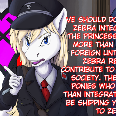 Size: 382x382 | Tagged: safe, artist:lordofnothing, edit, part of a set, oc, oc:aryanne, unofficial characters only, anthro, earth pony, clothes, commission, dialogue, eyebrows, female, flag, frown, image, indoors, nazi, nazi flag, necktie, open mouth, painting, png, racism, solo, swastika, thumbnail, uniform