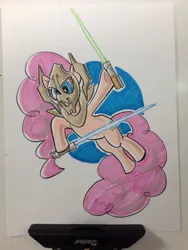 Size: 768x1024 | Tagged: safe, artist:thom zahler, derpibooru import, pinkie pie, earth pony, pony, 2013, clothes, cosplay, costume, crossover, female, g4, general grievous, hoof hold, image, jpeg, lightsaber, mare, mask, solo, star wars, tail, traditional art, weapon