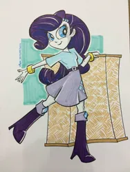 Size: 768x1024 | Tagged: safe, artist:thom zahler, derpibooru import, rarity, human, equestria girls, 2014, belt, boots, bracelet, clothes, commission, g4, image, indiana comic convention, jewelry, jpeg, rarity's casual outfit, shirt, shoes, signature, skirt, smiling, solo