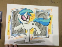 Size: 1024x768 | Tagged: safe, artist:thom zahler, derpibooru import, vinyl scratch, pony, unicorn, 2014, commission, female, g4, horn, image, jpeg, mare, megacon, megacon 2014, music notes, open mouth, open smile, photo, signature, smiling, solo, tail, traditional art, vinyl's glasses