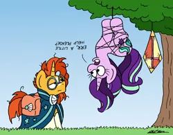 Size: 2208x1720 | Tagged: safe, artist:bobthedalek, derpibooru import, starlight glimmer, sunburst, pony, unicorn, atg 2024, bag, duo, duo male and female, female, g4, hanging, hanging upside down, horn, image, kite, male, mare, newbie artist training grounds, png, saddle bag, stallion, stuck, that pony sure does love kites, tree, upside down