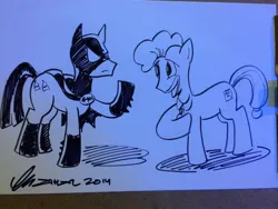 Size: 1024x768 | Tagged: safe, artist:thom zahler, derpibooru import, ponified, earth pony, pony, 2014, batman, cape, clothes, costume, dc comics, duo, duo male, free comic book day, free comic book day 2014, image, jpeg, looking at each other, looking at someone, male, open mouth, open smile, raised hoof, signature, smiling, stallion, tail, the joker, traditional art