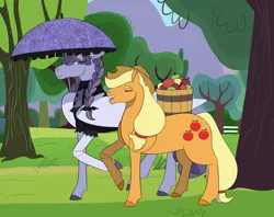 Size: 6245x4957 | Tagged: safe, artist:gayshiny, derpibooru import, applejack, inky rose, earth pony, pegasus, pony, apple, bucket, duo, duo female, female, food, image, inkyjack, lesbian, mare, parasol (umbrella), png, raised hoof, shipping, walking