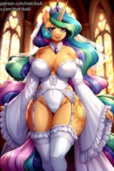 Size: 1024x1536 | Tagged: suggestive, ai content, derpibooru import, machine learning generated, prompter:matriksai, princess celestia, alicorn, pony, big breasts, bimbo, breasts, bride, cleavage, clothes, dress, female, g4, horn, huge breasts, image, lingerie, marriage, png, solo, solo female, veil, wedding, wedding dress, wedding veil