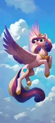Size: 1080x2400 | Tagged: safe, ai content, artist:dovakkins, derpibooru import, machine learning assisted, princess cadance, alicorn, pony, :3, cloud, cloudy, derpibooru exclusive, female, flying, g4, hoof shoes, image, jewelry, mare, peytral, png, princess shoes, regalia, smiling, solo, spread wings, tail, wallpaper, wavy mane, wavy tail, wings