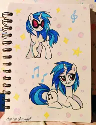 Size: 2868x3760 | Tagged: safe, artist:dariarchangel, derpibooru import, vinyl scratch, pony, unicorn, female, g4, horn, image, jpeg, lying down, mare, photo, sketch, smiling, traditional art, vinyl's glasses