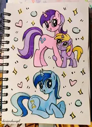 Size: 2801x3842 | Tagged: safe, artist:dariarchangel, derpibooru import, amethyst star, dinky hooves, minuette, pony, unicorn, female, g4, horn, image, jpeg, looking at each other, looking at someone, looking up, lying down, photo, siblings, sisters, sketch, smiling, traditional art