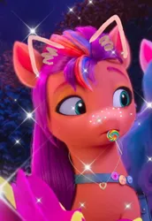 Size: 640x932 | Tagged: safe, artist:pippyeditz, derpibooru import, edit, edited screencap, screencap, izzy moonbow, sunny starscout, earth pony, g5, candy, cat ears, female, food, image, jpeg, lollipop