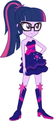 Size: 813x1816 | Tagged: safe, artist:fireluigi29, color edit, derpibooru import, edit, sci-twi, twilight sparkle, human, equestria girls, bare shoulders, boots, clothes, colored, dress, fall formal, fall formal outfits, female, g4, glasses, high heel boots, image, png, shoes, simple background, sleeveless, transparent background