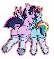 Size: 1442x1569 | Tagged: suggestive, artist:andelai, derpibooru import, rainbow dash, twilight sparkle, twilight sparkle (alicorn), alicorn, pegasus, pony, butt, clothes, duo, duo female, female, image, jpeg, mare, outline, plot, rainbutt dash, simple background, size difference, socks, twibutt, white background