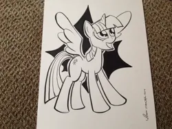 Size: 1024x768 | Tagged: safe, artist:thom zahler, derpibooru import, twilight sparkle, twilight sparkle (alicorn), alicorn, pony, 2014, black and white, commission, cutie mark background, female, g4, grayscale, heroescon, heroescon 2014, horn, image, irl, irl photo, jpeg, mare, monochrome, open mouth, open smile, photo, signature, smiling, solo, spread wings, tail, traditional art, wings