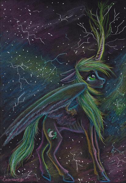Size: 4222x6166 | Tagged: safe, artist:cahandariella, derpibooru import, oc, alicorn, pony, colored pencil drawing, confused, fanfic art, female, filly, foal, image, jpeg, mare, mystery, newbie artist training grounds, scared, solo, story included, traditional art