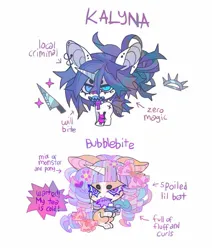 Size: 1357x1602 | Tagged: safe, artist:cutesykill, derpibooru import, part of a set, oc, oc:bubble bleb, oc:kalyna, unofficial characters only, monster pony, pony, unicorn, bandage, bandaged leg, bandaged neck, bandaid, bandaid on nose, beanbrows, bear trap, beauty mark, big ears, big head, blank flank, blaze (coat marking), blue eyes, blue sclera, blue teeth, bow, chibi, coat markings, colored eyebrows, colored horn, colored muzzle, colored pinnae, colored sclera, colored teeth, cup, curly mane, curly tail, dialogue, duo, duo female, ear piercing, earring, eyebrows, facial markings, female, floppy ears, hair bow, hair bun, horn, image, jewelry, jpeg, knife, long mane, mare, mealy mouth (coat marking), multicolored mane, multicolored tail, narrowed eyes, open frown, open mouth, orange coat, piercing, pink bow, purple eyes, purple mane, purple tail, purple teeth, purple text, raised hoof, raised hooves, ringlets, short tail, simple background, sitting, slit pupils, socks (coat marking), speech bubble, standing, tail, teacup, text, thick eyelashes, tied mane, unicorn horn, unicorn oc, white background, white coat