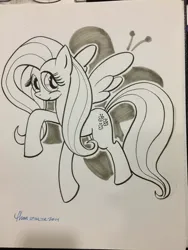 Size: 768x1024 | Tagged: safe, artist:thom zahler, derpibooru import, fluttershy, pegasus, pony, 2014, commission, cutie mark background, female, g4, image, jpeg, mare, signature, solo, spread wings, traditional art, wings, wizard world columbus comic con, wizard world columbus comic con 2014