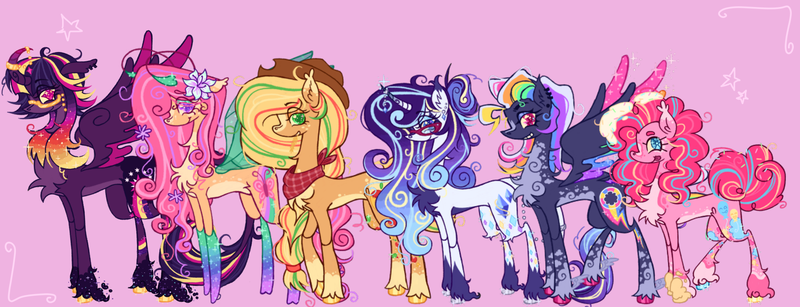 Size: 2048x786 | Tagged: safe, artist:cingulomana, derpibooru import, part of a set, applejack, fluttershy, pinkie pie, rainbow dash, rarity, twilight sparkle, twilight sparkle (alicorn), alicorn, butterfly, butterfly pony, earth pony, hybrid, insect, pegasus, pony, unicorn, ahoge, alternate accessories, alternate color palette, alternate cutie mark, alternate design, alternate eye color, alternate hairstyle, alternate mane color, alternate tail color, alternate tailstyle, alternate universe, antennae, applejack's hat, bandana, big tail, blaze (coat marking), blonde mane, blonde tail, blue eyes, blue eyeshadow, blue pupils, braid, braided ponytail, chest fluff, clothes, cloven hooves, coat markings, colored, colored belly, colored eartips, colored eyebrows, colored hooves, colored horn, colored muzzle, colored pupils, colored sclera, colored wings, colored wingtips, concave belly, cowboy hat, crystal eyes, curly mane, curly tail, curved horn, cutie mark accessory, cutie mark earrings, cutie mark eyes, ear fluff, ear piercing, ear tufts, earring, ethereal fetlocks, ethereal mane, eye clipping through hair, eyebrow slit, eyebrows, eyebrows visible through hair, eyelashes, eyeshadow, facial markings, female, flat colors, floppy ears, flower, flower in hair, flower in tail, flutterfly, food, four wings, freckles, frosting, g4, gauges, gem eyes, glasses, glow, glowing horn, gold hooves, gradient mane, gradient tail, gray hooves, green eyes, green eyeshadow, green pupils, green wings, group, hair bun, hat, height difference, hooves, horn, horn ring, image, jewelry, leg fluff, leonine tail, lidded eyes, long eyelashes, long legs, long mane, long neck, long tail, looking at you, looking back, makeup, mane six, mare, mealy mouth (coat marking), messy, messy mane, mismatched hooves, mullet, multicolored hair, multicolored hooves, multicolored mane, multicolored tail, multicolored wings, multiple wings, narrowed eyes, neck fluff, neckerchief, orange coat, orange eyeshadow, pale belly, pearl earrings, piercing, pink background, pink coat, pink eyes, pink hooves, pink mane, pink pupils, pink tail, pink wingtips, png, ponytail, profile, purple coat, purple eyes, purple pupils, purple wings, rainbow hair, rainbow tail, rainbow wings, rainbow wingtips, raised hoof, rarity's glasses, ring, scarf, see-through wings, sextet, shiny eyes, shiny hooves, shoulder fluff, silver jewelry, simple background, size chart, size comparison, slender, smiling, smiling at you, snip (coat marking), socks (coat marking), solo, sparkles, sparkly eyes, sparkly hooves, sparkly legs, sparkly mane, sparkly wings, sparkly wingtips, species swap, splotches, spread wings, sprinkles in tail, standing, starry eyes, starry fetlocks, starry mane, stars, straw in mouth, tail, tail accessory, tail jewelry, tall ears, thin, thin legs, three toned mane, tied mane, tongue out, transparent background, tri-color mane, tri-color tail, tri-colored mane, tri-colored tail, tricolor mane, tricolor tail, tricolored mane, tricolored tail, twitterina design, two toned wings, unicorn horn, unshorn fetlocks, unusual pupils, wall of tags, wavy mane, wavy tail, white coat, wingding eyes, winged hooves, wings, wolf cut, yellow coat, yellow hooves, yellow sclera
