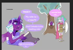 Size: 2044x1410 | Tagged: safe, artist:aztrial, derpibooru import, princess celestia, alicorn, anthro, plantigrade anthro, g5, blush lines, blushing, centurion, clothes, costume, dialogue, duo, duo female, emanata, female, frown, gray background, image, jpeg, lidded eyes, opaline arcana, plewds, school play, shield, simple background, speech bubble, sword, thought bubble, toga, tree costume, weapon, young celestia, younger