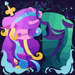 Size: 2048x2048 | Tagged: safe, artist:cingulomana, derpibooru import, princess cadance, queen chrysalis, alicorn, changeling, changeling queen, pony, alternate color palette, alternate design, alternate mane color, alternate universe, black background, blaze (coat marking), changeling horn, chest fluff, coat markings, colored, colored eartips, colored eyebrows, colored hooves, colored horn, colored horntip, colored pupils, crown, curly mane, curved horn, duo, duo female, ear fluff, eye clipping through hair, eyelashes, eyes closed, eyeshadow, facial markings, facing each other, female, flat colors, floating heart, floppy ears, g4, green mane, heart, heart horn, high res, horn, horns are touching, image, infidelity, jewelry, jpeg, lesbian, lineless, long horn, long mane, makeup, mare, multicolored mane, multicolored tail, neck fluff, no mouth, pink coat, profile, purple body, purple eyes, purple pupils, regalia, ship:cadalis, shipping, simple background, straight mane, tail, three toned mane, three toned tail, tri-color mane, tri-color tail, tri-colored mane, tri-colored tail, tricolor mane, tricolor tail, tricolored mane, tricolored tail, unshorn fetlocks, wall of tags, watermark