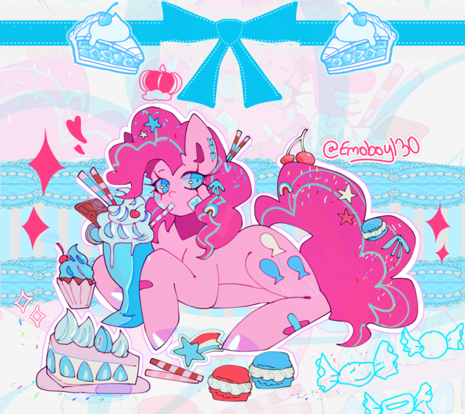 Size: 2048x1820 | Tagged: safe, artist:emoboy130, derpibooru import, pinkie pie, earth pony, pony, abstract background, alternate accessories, alternate mane color, alternate tail color, bandaid, blue bow, blue eyes, bow, cake, cake slice, colored hooves, colored pinnae, cupcake, curly mane, curly tial, drink, drinking, drinking straw, ear fluff, ear piercing, earring, female, floating crown, floating heart, food, g4, hair accessory, hair bow, hairclip, heart, heart mark, image, jewelry, long eyelashes, long mane, long tail, looking back, lying down, macaron, mane accessory, mare, milkshake, outline, piercing, pink coat, pink eyelashes, pink hooves, pink mane, pink tail, png, prone, ribbon, shiny hooves, shrunken pupils, signature, solo, sparkles, sprinkles in mane, sprinkles in tail, sticker, tail, tail accessory, tail bow, tail clip, two toned mane, two toned tail, zoom layer