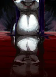 Size: 2340x3228 | Tagged: grimdark, artist:ciborgen, derpibooru import, rarity, pony, unicorn, blood, creepy, creepy smile, female, g4, grin, high res, horn, image, mare, partially submerged, png, reflection, smiling