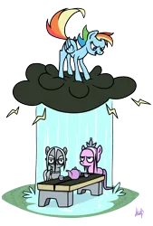 Size: 1080x1600 | Tagged: safe, artist:mafon, derpibooru import, diamond tiara, rainbow dash, silver spoon, earth pony, pegasus, pony, atg 2024, cloud, female, filly, foal, g4, image, mare, newbie artist training grounds, png, rain, raincloud, simple background, teapot, transparent background, trio, wet, wet mane