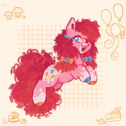 Size: 2000x2000 | Tagged: safe, artist:qalrey, derpibooru import, pinkie pie, earth pony, pony, appaloosa, balloon, bow, cake, cake slice, coat markings, colored hooves, female, food, g4, grid background, hair bow, high res, hooves, image, jpeg, looking at you, mare, muffin, multicolored hooves, one eye closed, open mouth, open smile, smiling, smiling at you, solo, sprinkles, wink, winking at you