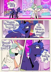 Size: 1448x2048 | Tagged: safe, artist:piesinful, derpibooru import, applejack, fluttershy, pinkie pie, princess celestia, princess luna, rainbow dash, rarity, twilight sparkle, alicorn, pony, comic:unlucky day, fanfic:cupcakes, canterlot throne room, comic, dialogue, duo, duo female, element of generosity, element of honesty, element of kindness, element of laughter, element of loyalty, element of magic, elements of harmony, female, floppy ears, g4, image, jpeg, mane six, mare, royal sisters, siblings, sisters, speech bubble, stained glass