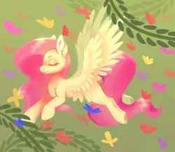 Size: 2048x1781 | Tagged: safe, artist:qalrey, derpibooru import, fluttershy, butterfly, insect, pegasus, pony, beanbrows, eyebrows, eyes closed, female, flying, g4, gradient background, image, jpeg, mare, smiling, solo, spread wings, vine, wings