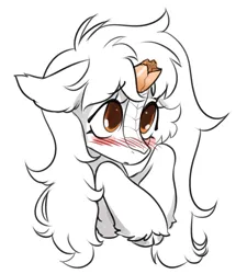 Size: 3688x4096 | Tagged: safe, artist:opalacorn, derpibooru import, oc, unnamed oc, unofficial characters only, kirin, blush lines, blushing, broken horn, bust, cheek fluff, cloven hooves, eyebrows, eyebrows visible through hair, female, floppy ears, high res, horn, image, jpeg, kirin oc, monochrome, partial color, simple background, solo, unshorn fetlocks, white background