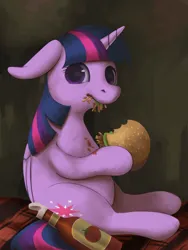 Size: 2700x3600 | Tagged: safe, artist:taytinabelle, derpibooru import, twilight sparkle, twilight sparkle (alicorn), ponified, alicorn, pony, blank stare, borgarposting, burger, derpibooru exclusive, fat, female, food, hay, hay burger, image, ketchup, mare, messy eating, no thoughts head empty, obese, png, ponified animal photo, sauce, solo, stare, that pony sure does love burgers, twilight burgkle