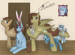 Size: 3944x2884 | Tagged: safe, artist:maître cervidé, derpibooru import, oc, oc:arid pyre, oc:boreal storm, oc:divine orchid, oc:flora leaf, oc:glacial pearl, oc:mineral spark, oc:swift eye, earth pony, pegasus, pony, unicorn, baby, baby pony, bunny ears, child, door, family, horn, image, picture, png, signature