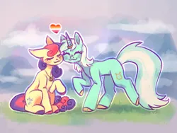 Size: 2000x1500 | Tagged: safe, artist:qalrey, derpibooru import, bon bon, lyra heartstrings, sweetie drops, earth pony, pony, unicorn, ^^, blushing, colored hooves, cute, duo, duo female, eyes closed, female, g4, grass, heart, horn, horn ring, image, jewelry, jpeg, lesbian, lesbian pride flag, lyrabon, mare, necklace, nuzzling, pride, pride flag, ring, shipping, smiling