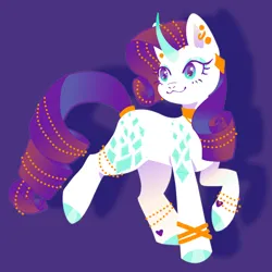 Size: 2000x2000 | Tagged: safe, artist:qalrey, derpibooru import, rarity, pony, unicorn, :3, bracelet, choker, colored hooves, colored horn, curved horn, ear piercing, earring, extended cutie mark, eyeshadow, female, full body, g4, gem, heart, heart mark, high res, horn, image, jewelry, jpeg, makeup, mane jewelry, mare, piercing, purple background, ring, shadow, simple background, smiling, solo, tail, tail jewelry, tail ring, walking