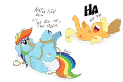 Size: 1931x1281 | Tagged: safe, artist:zeccy, derpibooru import, applejack, rainbow dash, earth pony, pegasus, pony, :t, atg 2024, duo, duo female, emanata, fail, female, g4, image, laughing, lying down, newbie artist training grounds, on back, open mouth, open smile, png, rope, smiling, tangled up, volumetric mouth