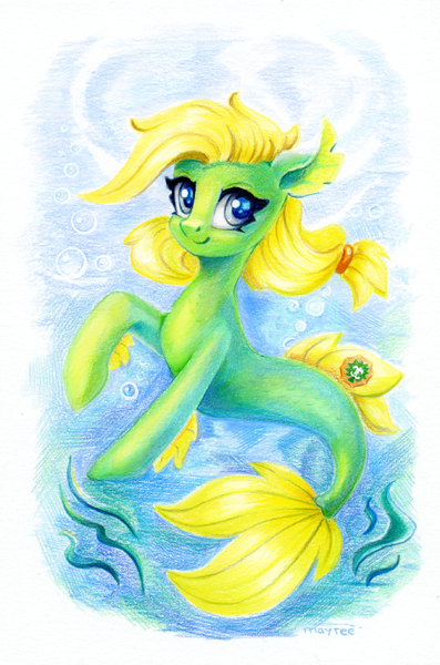 Size: 794x1200 | Tagged: safe, artist:maytee, derpibooru import, oc, unofficial characters only, pony, seapony (g4), blue eyes, bubble, colored pencil drawing, commission, cute, dorsal fin, eyelashes, female, fin, fins, fish tail, floppy ears, flowing mane, flowing tail, happy, image, looking at you, mare, ocean, png, scales, seapony oc, seaweed, signature, smiling, smiling at you, solo, sunlight, swimming, tail, traditional art, underwater, water, yellow mane, yellow tail