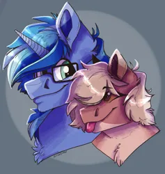 Size: 861x910 | Tagged: safe, artist:.blankpage., derpibooru import, oc, oc:amoo, oc:blue cola, unofficial characters only, pony, unicorn, :p, bust, couple, female, glasses, horn, image, jpeg, male, mare, pony oc, portrait, simple background, smiling, stallion, tongue out, unicorn oc