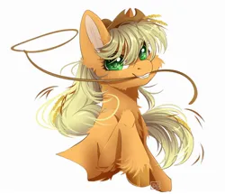 Size: 2500x2150 | Tagged: safe, artist:dark_lu, artist:dark_lu~, derpibooru import, applejack, earth pony, pony, applejack's hat, cheek fluff, chest fluff, cowboy hat, eyebrows, eyebrows visible through hair, female, g4, hat, image, jpeg, lasso, looking at you, mare, mouth hold, rope, simple background, smiling, smiling at you, solo, unshorn fetlocks, white background