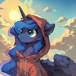 Size: 2048x2048 | Tagged: safe, ai content, derpibooru import, machine learning generated, prompter:liladash, stable diffusion, princess luna, alicorn, pony, clothes, day, ear fluff, g4, generator:pony diffusion v6 xl, hoodie, horn, image, looking away, png, solo, sun, wing fluff, wings